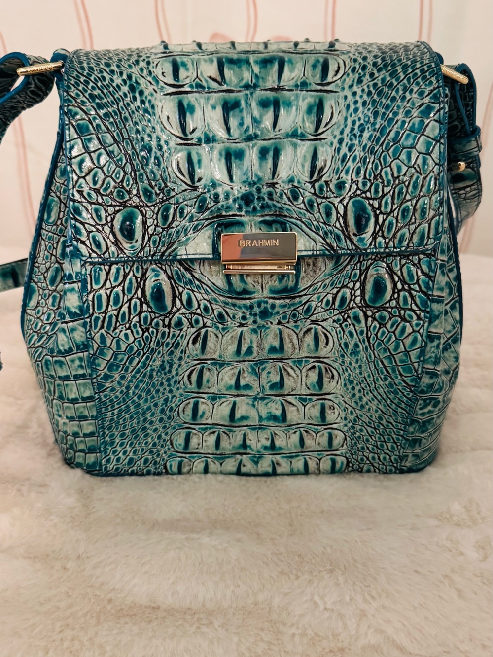 Brahmin Teal Croc-Embossed Leather Crossbody with Gold Hardware